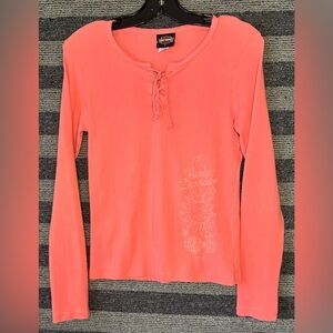 Vintage Harley-Davidson Women's Long-Sleeve Coral Lace-Up Peasant Top Large